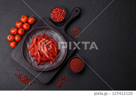 Dried chicken slices, jerky, with cherry or plum flavor, salt and spices Dried chicken slices, jerky, with cherry or plum flavor, salt and spices 125412120