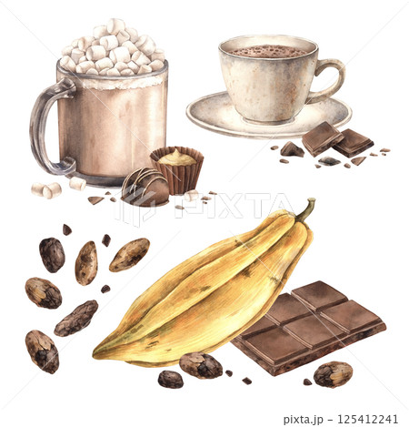 Solid chocolate bar and candies, cocoa beans and yellow cacao pods, grains, cocoa mug with marshmallows. Watercolor illustration set, suitable for chocolate and cocoa packaging and branding. 125412241