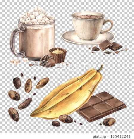 Solid chocolate bar and candies, cocoa beans and yellow cacao pods, grains, cocoa mug with marshmallows. Watercolor illustration set, suitable for chocolate and cocoa packaging and branding. 125412241
