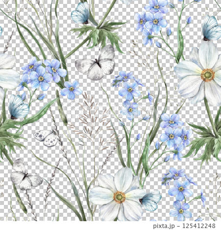 Green grass, wild flowers, blue forget-me-nots, white anemones and butterflies. Delicate watercolor botanical seamless pattern. For branding and packaging, flower shops and weddings, eco-products. Green grass, wild flowers, blue forget-me-nots, white anemones and butterflies. Delicate watercolor botanical seamless pattern. For branding and packaging, flower shops and weddings, eco-products. 125412248