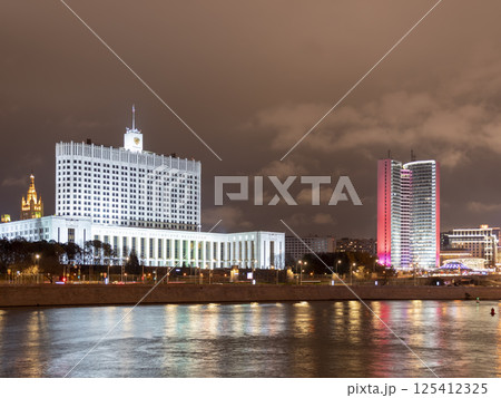 MOSCOW - OCTOBER 14: House of Government in Moscow, Russia, at night on October 14, 2024 in Moscow, Russia MOSCOW - OCTOBER 14: House of Government in Moscow, Russia, at night on October 14, 2024 in Moscow, Russia 125412325