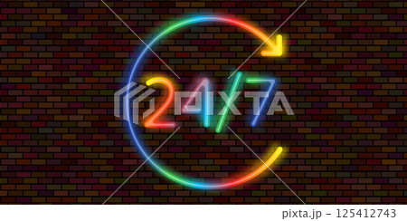 Vector Twenty four hour with arrow loop icon, 24 hours cyclic sign, Opened order execution or delivery, All day business and service. Light arrow banner. Decoration on wall and template covering Vector Twenty four hour with arrow loop icon, 24 hours cyclic sign, Opened order execution or delivery, All day business and service. Light arrow banner. Decoration on wall and template covering 125412743