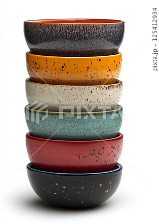 Stack of colorful bowls on a white background. 125412934