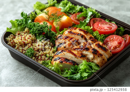 Packed office lunch box with quinoa salad, grilled chicken, mixed greens and fruit. Packed office lunch box with quinoa salad, grilled chicken, mixed greens and fruit. 125412938