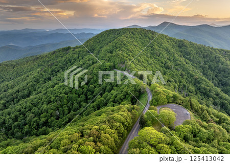 Landscape of beautiful nature. Blue Ridge Parkway road trip. Mount Mitchell Overlook parking place in Appalachian mountains landscape. Driving car exploration travel in summer forest in North Carolina 125413042