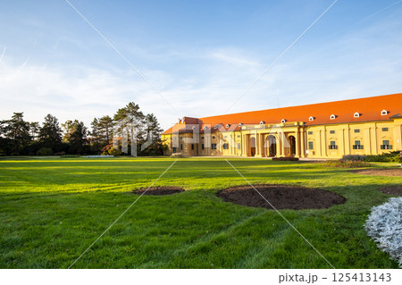 Green gardens in Lednice castle Chateau yard in Moravia, Czech Republic. UNESCO World Heritage Site. 125413143
