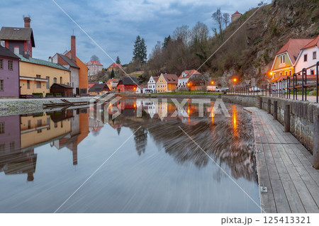 Historical district on the banks of the Vltava River in Cesky Krumlov, Czech Republic. Historical district on the banks of the Vltava River in Cesky Krumlov, Czech Republic. 125413321