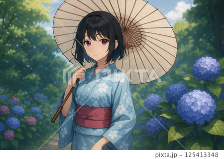 和傘をさした着物の女性 125413348