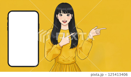 スマホと指をさす女性のイラスト 125413406