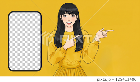 スマホと指をさす女性のイラスト 125413406