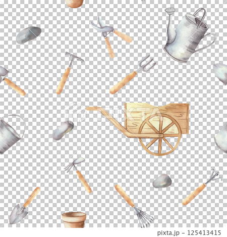 Seamless pattern with garden tools, wheelbarrow, rake, shovel, watering can, pot for seedlings. Watercolor illustration on a white background. For printing, wrapping paper, shops, ecology Seamless pattern with garden tools, wheelbarrow, rake, shovel, watering can, pot for seedlings. Watercolor illustration on a white background. For printing, wrapping paper, shops, ecology 125413415