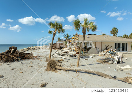 Destroyed house on ocean shore. Hurricane Milton consequences on Manasota Key, Florida. Storm surge severe damage Destroyed house on ocean shore. Hurricane Milton consequences on Manasota Key, Florida. Storm surge severe damage 125413453