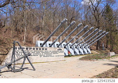 Russia, Saint Petersburg, April 15, 2025. In the photo, a monument on Voronya Gora to the Aurora soldiers who defended Leningrad in September 1941 and died in fierce battles. Russia, Saint Petersburg, April 15, 2025. In the photo, a monument on Voronya Gora to the Aurora soldiers who defended Leningrad in September 1941 and died in fierce battles. 125413528