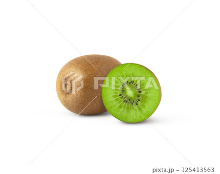 Kiwi fruit isolated with a half. Halved kiwis isolated on white background. 125413563