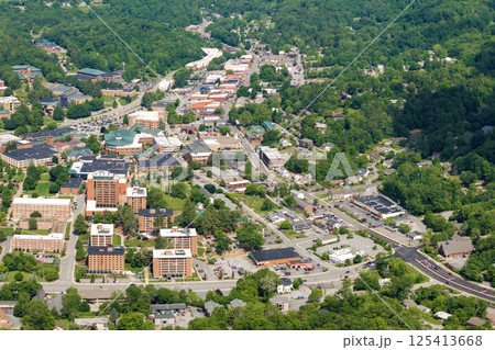 Boone, North Carolina. Historical American town in Appalachian Blue Ridge Mountains. Old townscape architecture in Watauga County, USA. Streets and historic buildings from above Boone, North Carolina. Historical American town in Appalachian Blue Ridge Mountains. Old townscape architecture in Watauga County, USA. Streets and historic buildings from above 125413668