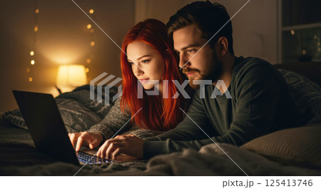 夜に寄り添いコーディングする外国人カップル（ai生成画像） 125413746