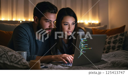 夜に寄り添いコーディングする外国人カップル（ai生成画像） 125413747