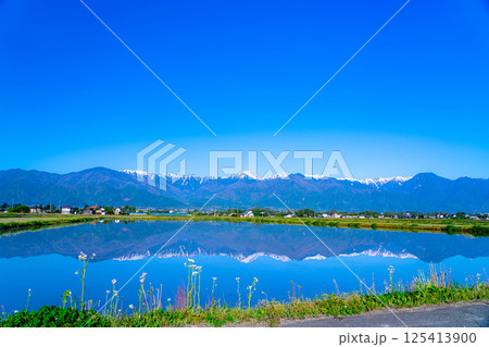 【初夏素材】初夏の安曇野の田園風景・水鏡【長野県】 125413900