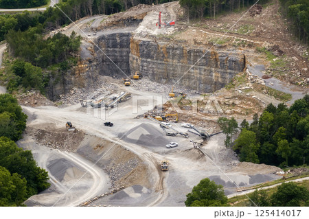 Aerial view of open pit mining site of limestone materials extraction for construction industry 125414017