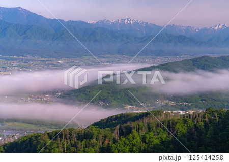 【雲海素材】長峰山から見る初夏の安曇野市の雲海【長野県】 125414258