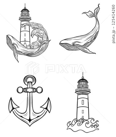 Large set of beautiful marine stickers - detailed Line Art design. templates for printing stickers and textiles 125414260
