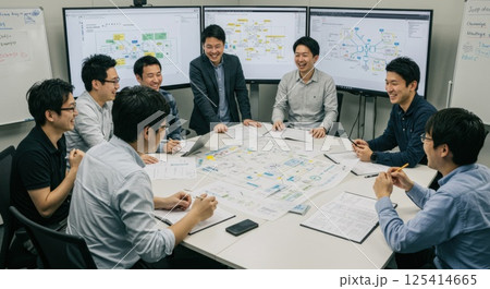 笑顔でプロジェクトを確認する日本人チーム(ai生成画像) 笑顔でプロジェクトを確認する日本人チーム(ai生成画像) 125414665