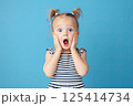 A little girl is making a very surprised face with her mouth open wide 125414734