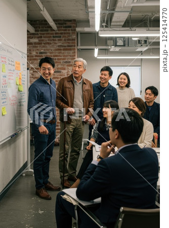 杖をついた日本人高齢者が参加する創造的会議（ai生成画像） 125414770