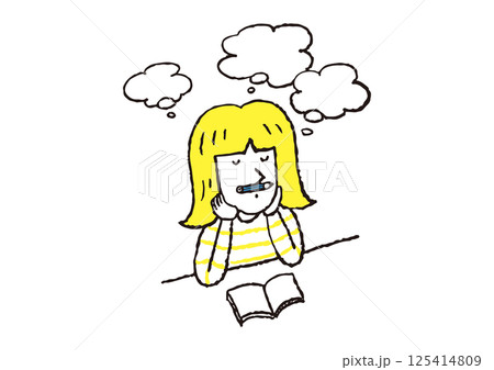 鉛筆を鼻の下に挟んで考え事をする女性 鉛筆を鼻の下に挟んで考え事をする女性 125414809