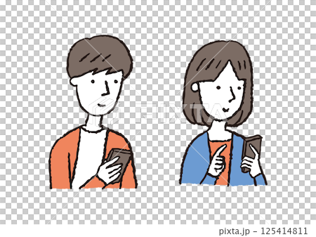 Man and woman touching mobile phone (black hair) Man and woman touching mobile phone (black hair) 125414811