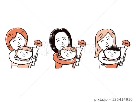 母の日にカーネーションと共にハグする女の子と母 125414910