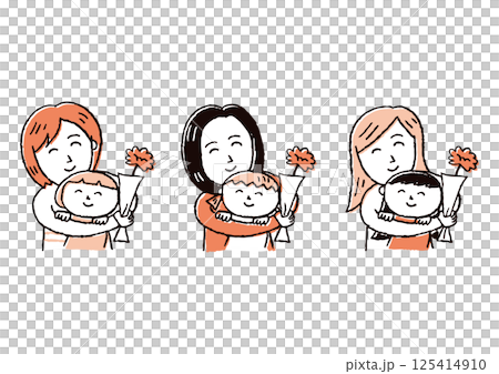 母の日にカーネーションと共にハグする女の子と母 125414910