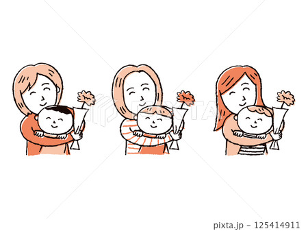 母の日にカーネーションと共にハグする男の子と母 125414911