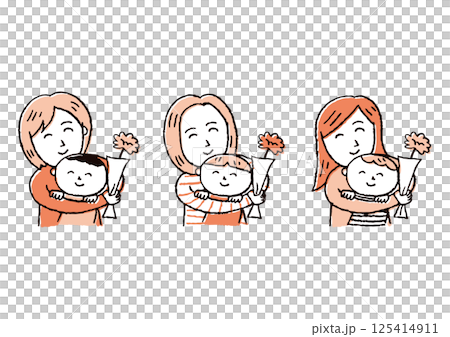 母の日にカーネーションと共にハグする男の子と母 125414911