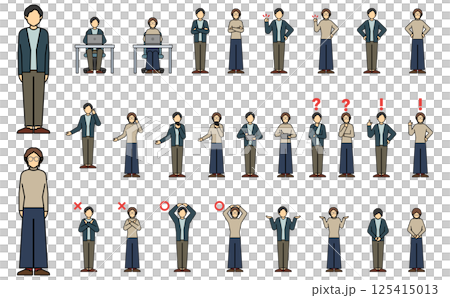 フラットイラスト：カジュアル着男女正面アウトライン 125415013
