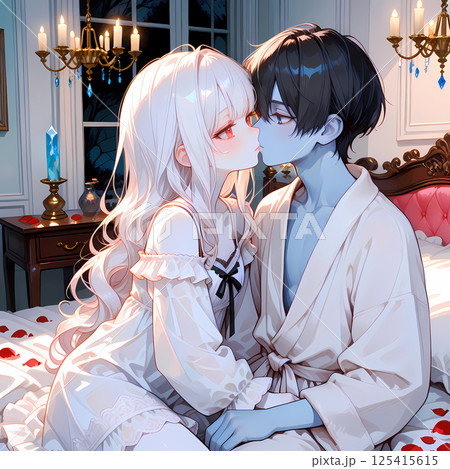 ゾンビになった恋人との一夜。アルビノの少女と碧眼の青年のハロウィン。漫画風のAIイラスト ゾンビになった恋人との一夜。アルビノの少女と碧眼の青年のハロウィン。漫画風のAIイラスト 125415615