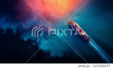 鮮やかな夕暮れの航跡：世界の物流を担うコンテナ船 125416077
