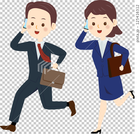 走って電話するビジネスマンとビジネスウーマン 125416312