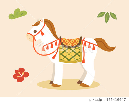 午年の年賀状などに使える和風に装飾をほどこした馬のイラスト 125416447