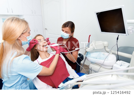 dental examination, dental health, checking teeth, hospital office, smiling patient, dentistry clinic, dental chair, consultation 125416492