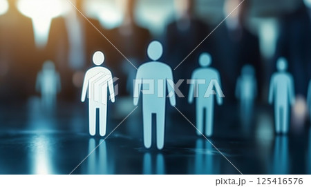 デジタルで可視化された人材アイコンとビジネスチームのシルエット 125416576
