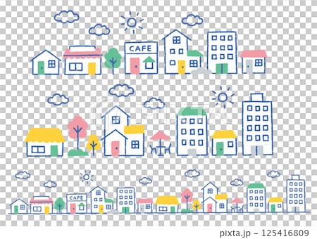 ビルとカフェと木と雲がある風景_色 125416809
