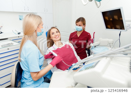 dentist concept, dental explorer, Stomatology cabinet, dental tools, examination patient, dental procedure, professional orthodontic clinic 125416946
