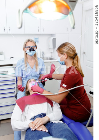 dentist concept, dental explorer, Stomatology cabinet, dental tools, examination patient, dental procedure, professional orthodontic clinic 125416956