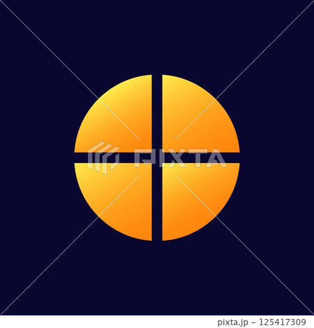 Circular orange icon divided into four equal segments creating a unique geometric design Circular orange icon divided into four equal segments creating a unique geometric design 125417309