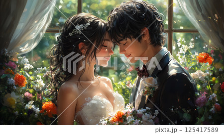 見つめ合う新郎新婦　genrative ai 125417589