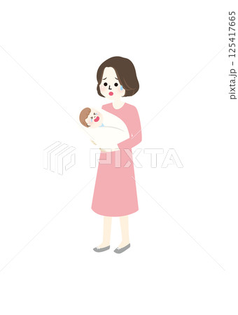 泣いている赤ちゃんを抱っこするママのイラスト 125417665