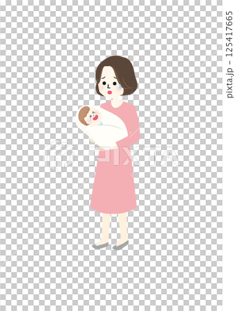 泣いている赤ちゃんを抱っこするママのイラスト 125417665