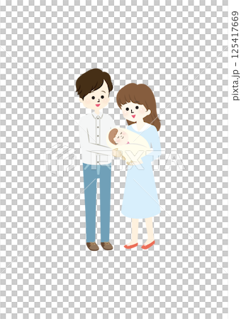 Illustration of a young couple holding a baby Illustration of a young couple holding a baby 125417669