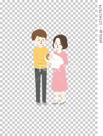 赤ちゃんと仲良し夫婦のイラスト 125417674